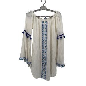 Solitaire Swim Tunic Womens Small White Blue Embroidered Pom Pom Bell Sleeve New